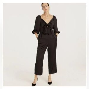 J Crew Satin Black Jumpsuit Puff Sleeve Tie in Front